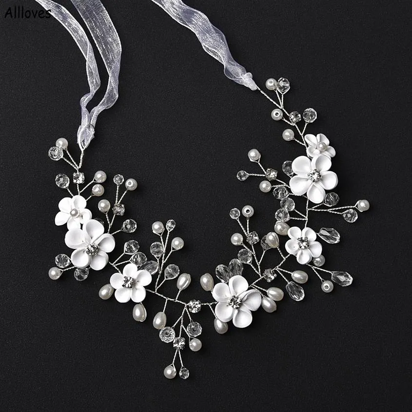 Hübsche weiße handgemachte Blumen Hochzeit Kopfschmuck für Braut Mode Strass Perlen Frisur Stirnband Frauen Abschlussball Zeremonie Weddi308B