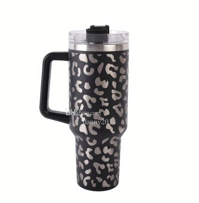 40oz Leopard Stainless Steel Tumblers Cup with Handle Lid Straw Big Capacity Beer Mug Water Bottle Outdoor Camping Vacuum Insulated Drinking cups