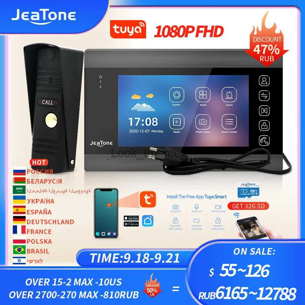 Deurbellen Jeatone 1080P Wifi Video-intercom 7 inch Tuya Draadloos afstandsbedieningssysteem Meertalige binnenintercom in privéhuis HKD230918