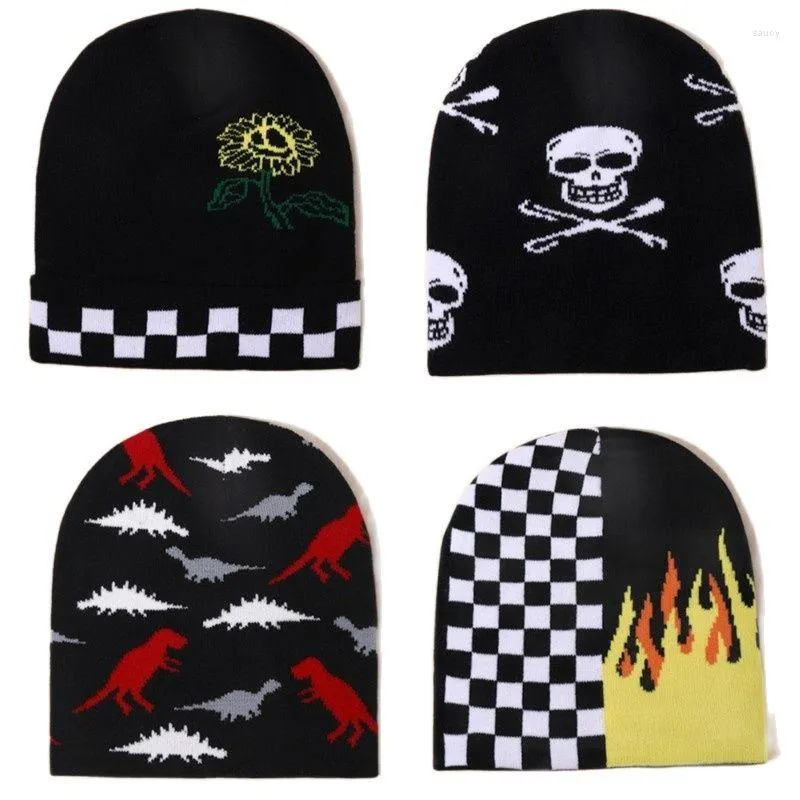 Berets Bedruckte Beanie Hüte Für Erwachsene Männer Frauen Hip Hop Ski Winter Weiche Elastische Gestrickte Hut Freizeit Warme Kappe Plaid schädel Gorros