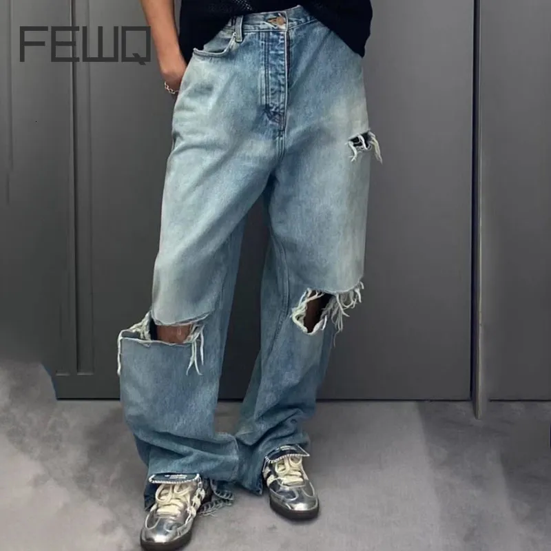 Jeans masculinos Fewq corte design vintage 2023 versátil casual perna reta alta rua cor sólida calças masculinas 24x1728 230918