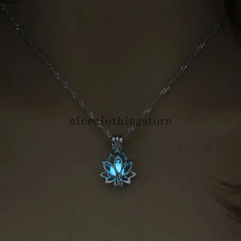 Lotus Pendant Necklaces Glow In The Dark Luminous Flower Locket Cage Necklace Women Fashion Jewelry