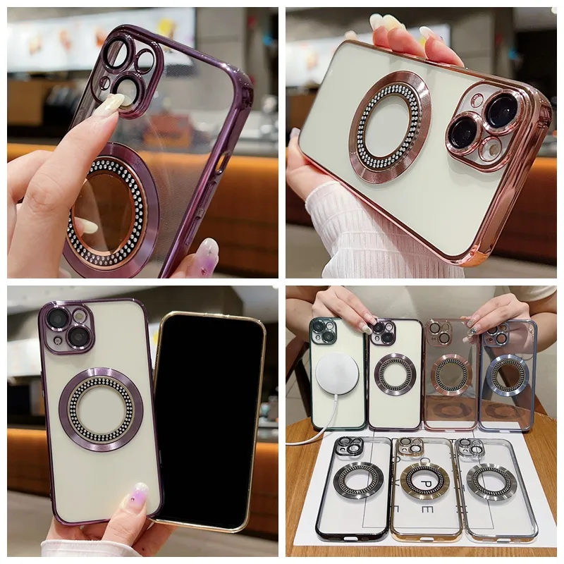 Magnetische kabellose Ladehüllen für iPhone 15 Plus 14 13 Pro Max 12 11 Bling Diamond Soft TPU Clear Camera Lens Protector Verchromter Magnet Fine Hole Phone Cover