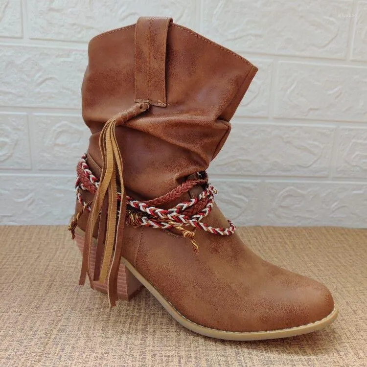 Boots Retro Ethnic Style Western Cowboy Round Toe Block Heel Tassel Braid Short Leg Women's Large Size Shoes 34&43