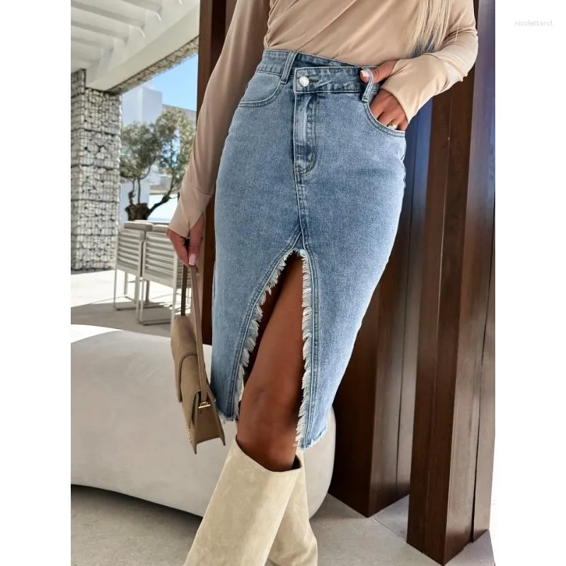 Skirts Wepbel Solid Color Denim Package Hip Skirt Y2K Fresh Sweet Women Slit Fashion Casual Sexy Pencil Jeans