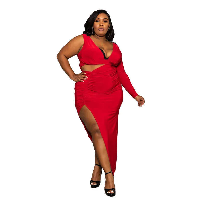 Red Plus Size Women Dresses One Shoulder Sleeve Sexy Hollow Out Slit V-Neck Bodycon Dress Club Party Wear Big Size Vestido Black