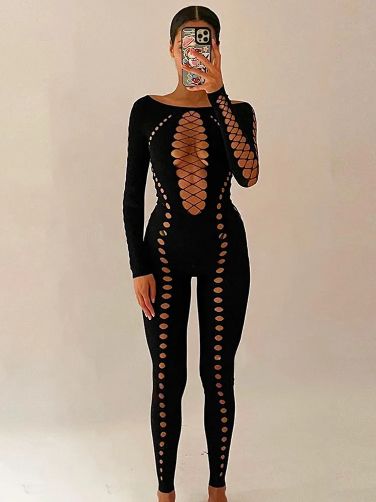 Tute da donna Pagliaccetti YUZHEXI Fori sexy Rip Tuta Mesh See Through Manica lunga Salopette attillata per le donne Nightclub Strappy Outfit 230918