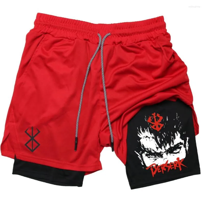 Heren shorts anime berserk lef gym tot fitness 2 in 1 snel droge prestaties meerdere zakken sport korte broek zomer