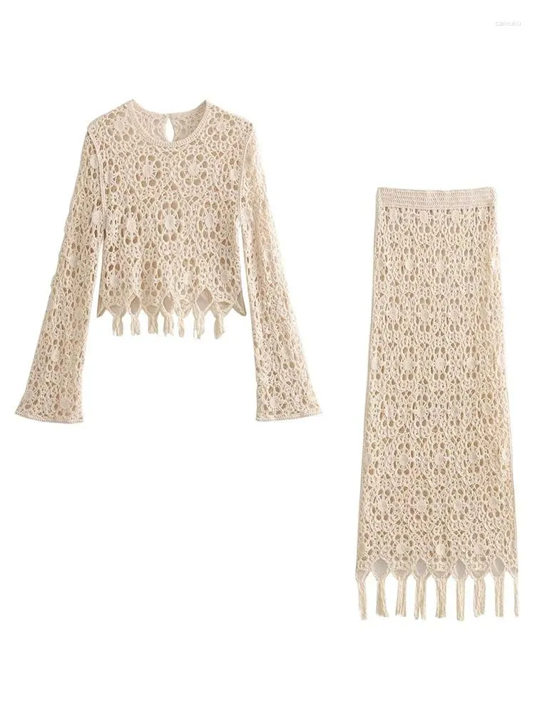 فساتين العمل Zadata Autumn Women's Hollow Fashion Sleeve Lonced Sleeved Top Crochet Tassel Skirt