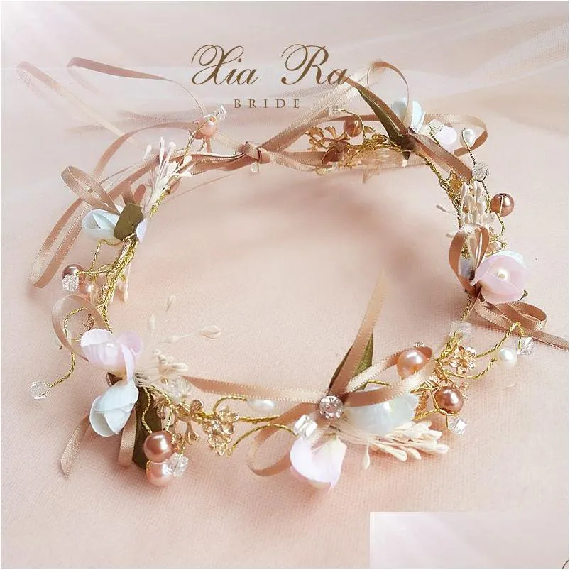 Accessori per capelli Corona di fiori da sposa Fatti a mano Ragazze Colorf Perle Strass Principessa Corona Boutique Bambini Fiocchi di nastro Drop Deliv Dhbd2