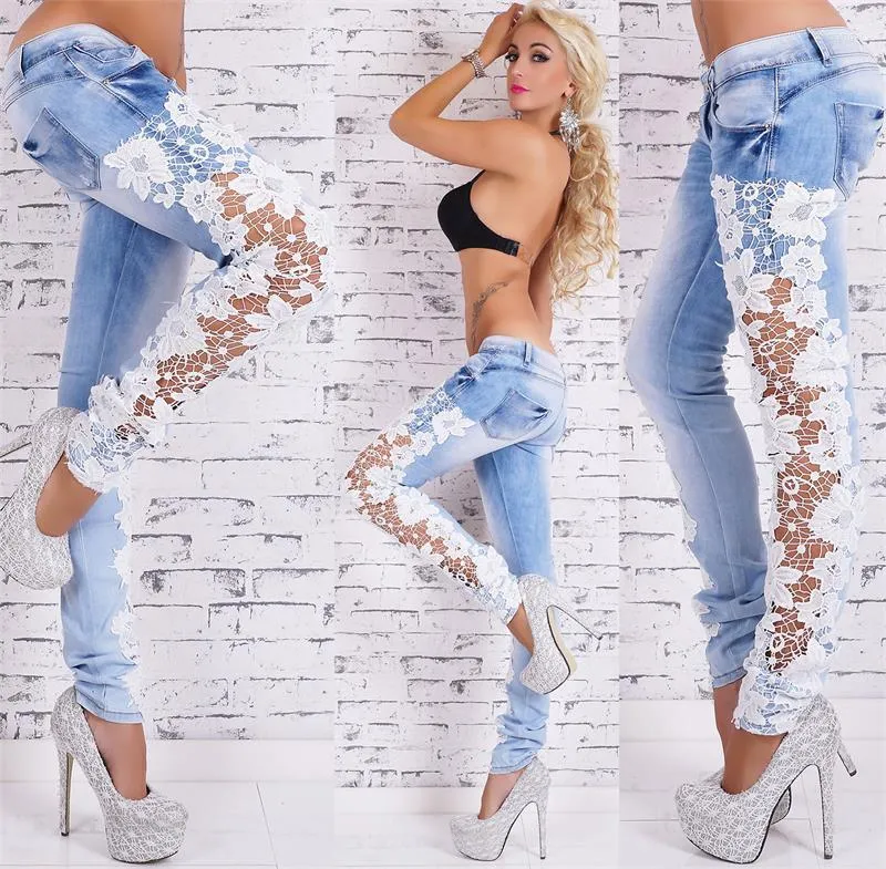 Calça Jeans Feminina Sexy Recorte Renda Pézinho Mulher