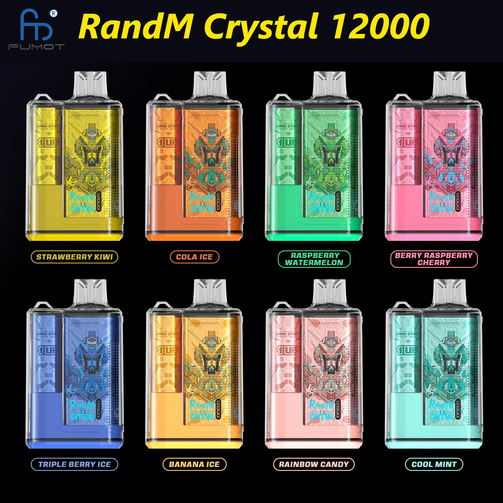 Il più recente RandM Fumot Crystal 12000 Puffs Vape usa e getta con olio e indicatore di alimentazione Dispositivo preriempito da 20 ml 650mAh Type-c Batteria ricaricabile Mesh Coil 16 gusti