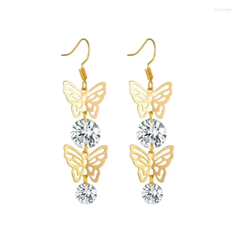 Pendientes colgantes dorados y blancos, mariposa hueca, ostentosa, cristal estrellado transparente, gota de aleación para mujer