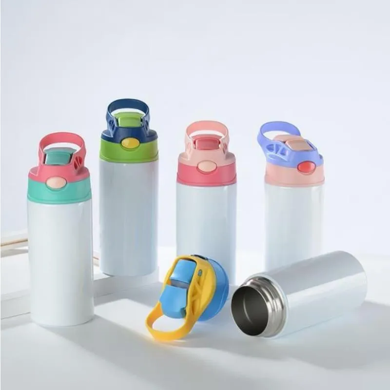 Sublimation Blanks Kids Tumbler Baby Bottle Sippy Cups 12 OZ White Water Bottle with Straw and Portable Lid 5 Color Lids Sublimation Pr Qrgi