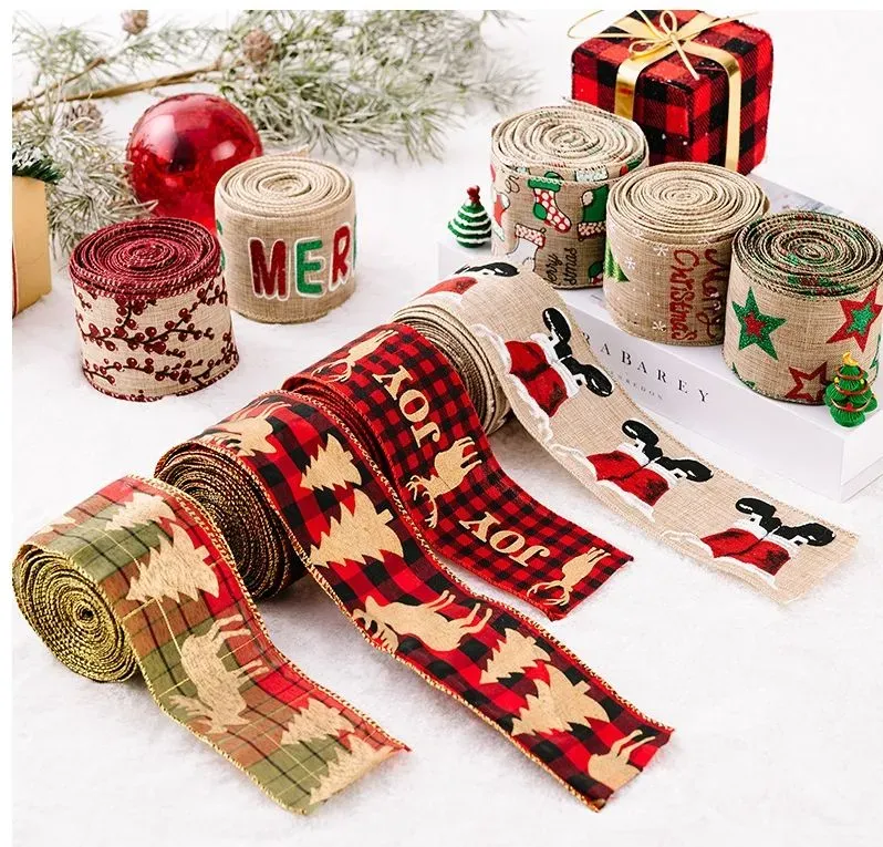 Christmas Ribbon DIY Fabric Party Supplies Printed Burlap Ribbons Snowflake for Gifts Wrapping Wreath Bows Crafts 918