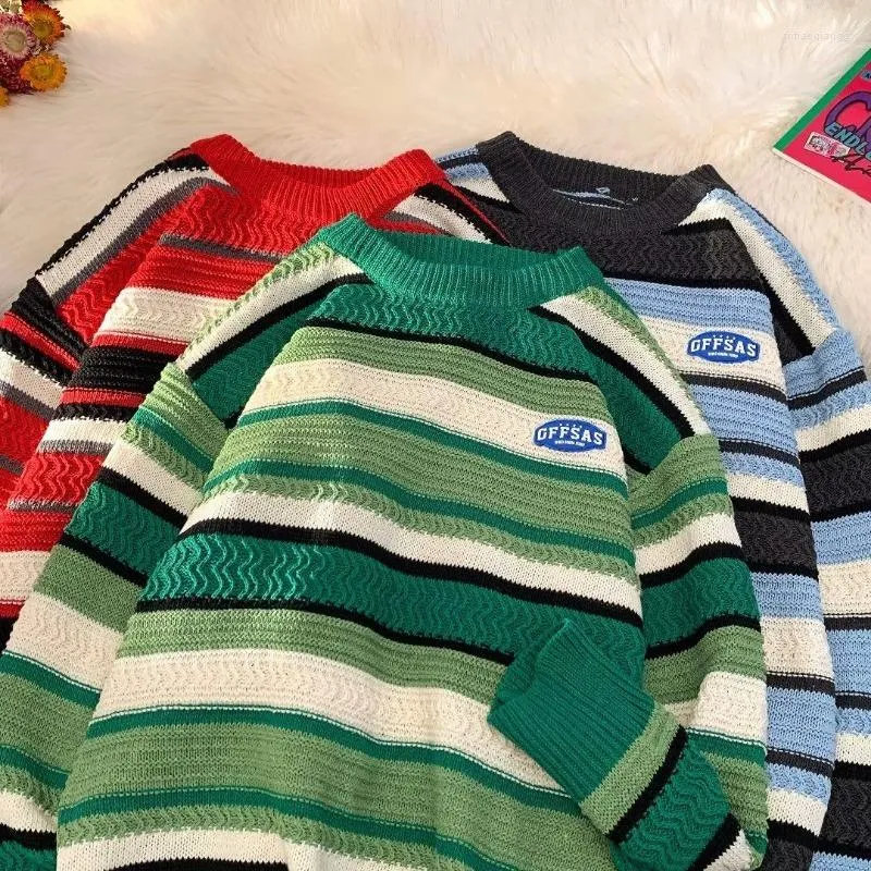 Herrtröjor randiga mjuka vaxartade tröja kvinnor hösten vinter retro lös rund nacke långa ärmar avslappnade pullover toppar