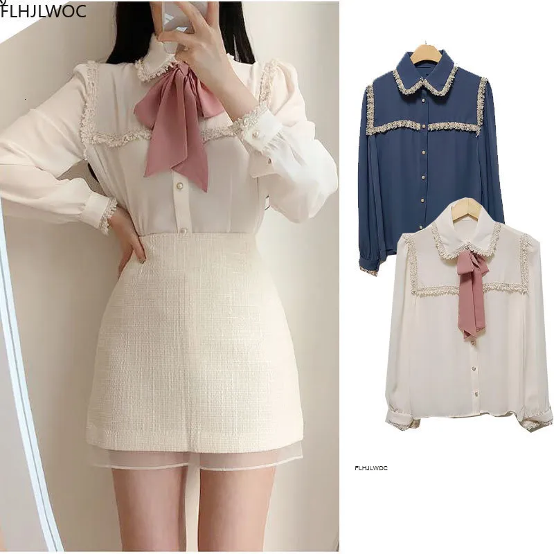 Women's Blouses Shirts Autumn Women's Cute Bow Tie Tops Preppy Style Vintage Japaneses Korea Design Button Elegant Formal White Shirts Blouses 230918