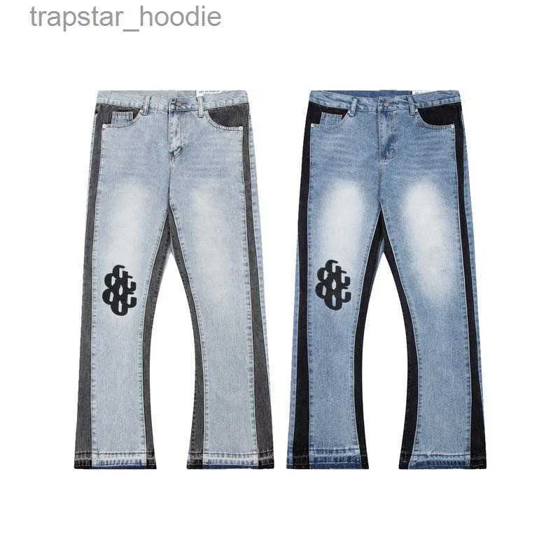 Jeans masculinos retalhos calças jeans para homens mulheres designer punk pintado calças pantalon homme rua moda alta rua motocicleta l230918