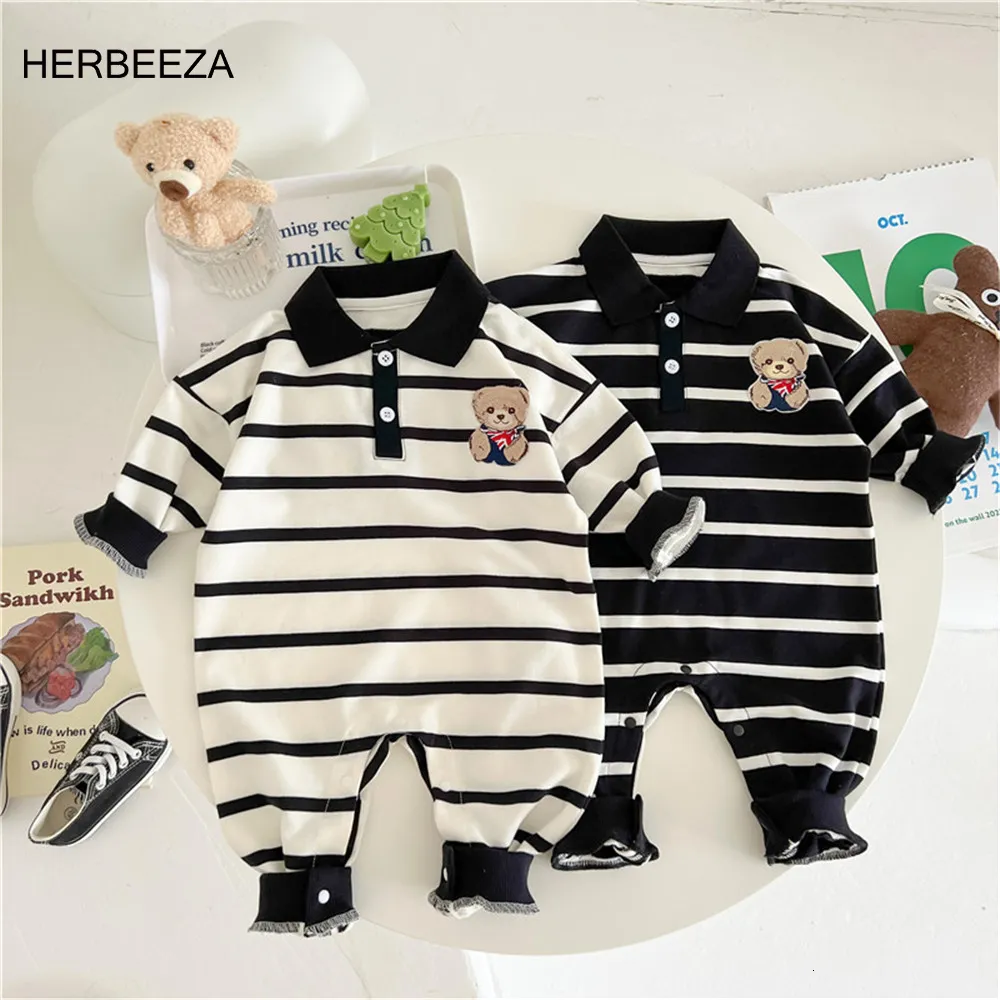 Macacão cavalheiro bebê menino roupas chapéu conjunto de algodão urso listra casual nascidos infantil macacão crianças roupas 3 18mês 230918