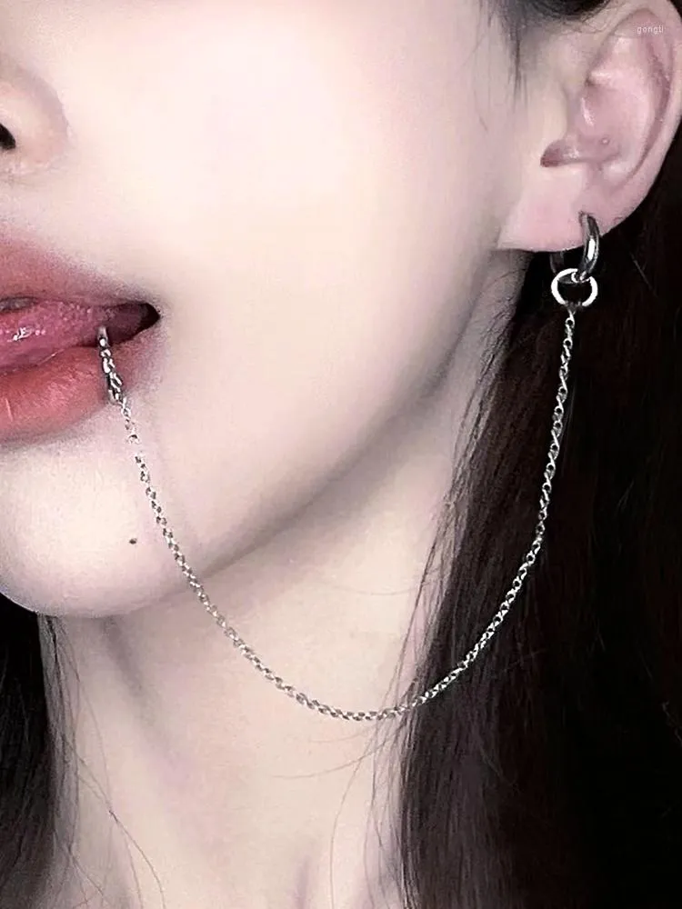 Anime Fake Milk Lip And Cheek Ring Stud Earrings With Long Chain