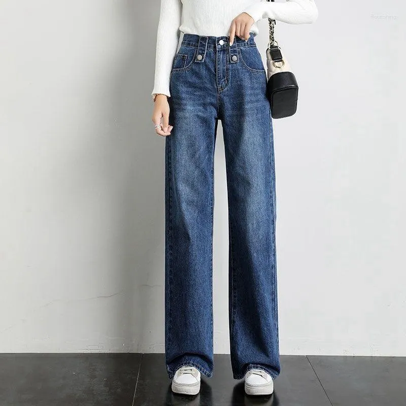 Jeans pour femmes, jambes larges, couleur unie, pantalon en Denim, vêtements automne-hiver, taille haute, coupe ample, Slim, drapé droit