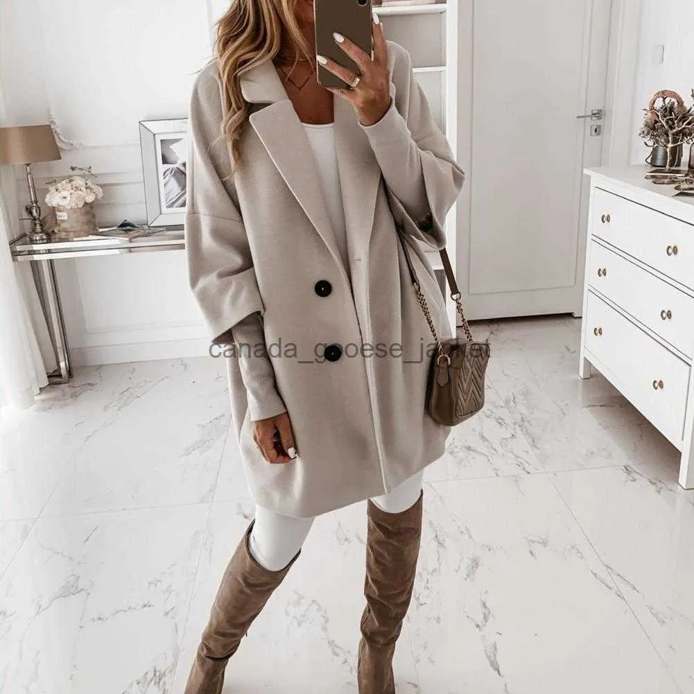 Women's Wool Blends 2020 Women Long Woolen Autumn Winter Coat Jacket Three Quarter Sleeve Loose Coat High Street Ofiice Ladies Long JacketL230918