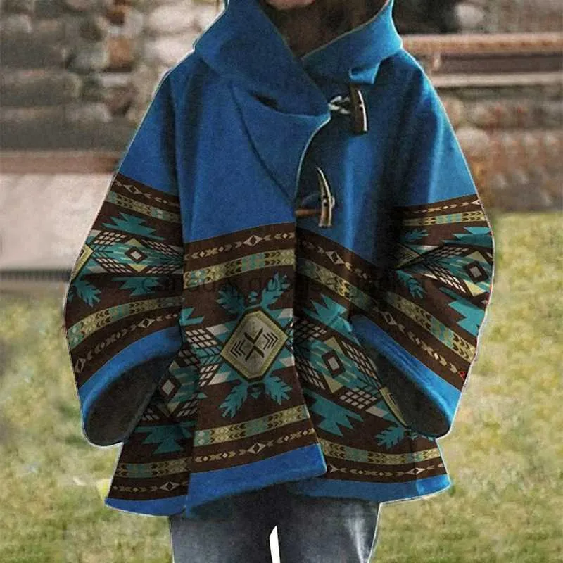 Mélanges de laine pour femmes Femmes décontracté manteau à capuche en laine en vrac motif de mode imprimé veste à manches longues automne hiver haute rue manteau de poche SweatshirtsL230918