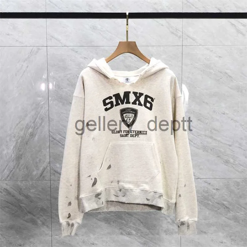 Heren Hoodies Sweatshirts 23SS Vintage Saint Michael Damaged Hoodie Heren Dames Beste kwaliteit SMX6 Print Pullover Herenkleding J230918