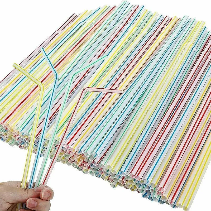 Disposable Cups Straws 500pcs Plastic Drinking Straws Flexible Straw 8.2inch Long Stripes Multiple Colors Straw for Juice Party Milkshake Cocktail Milk 230918