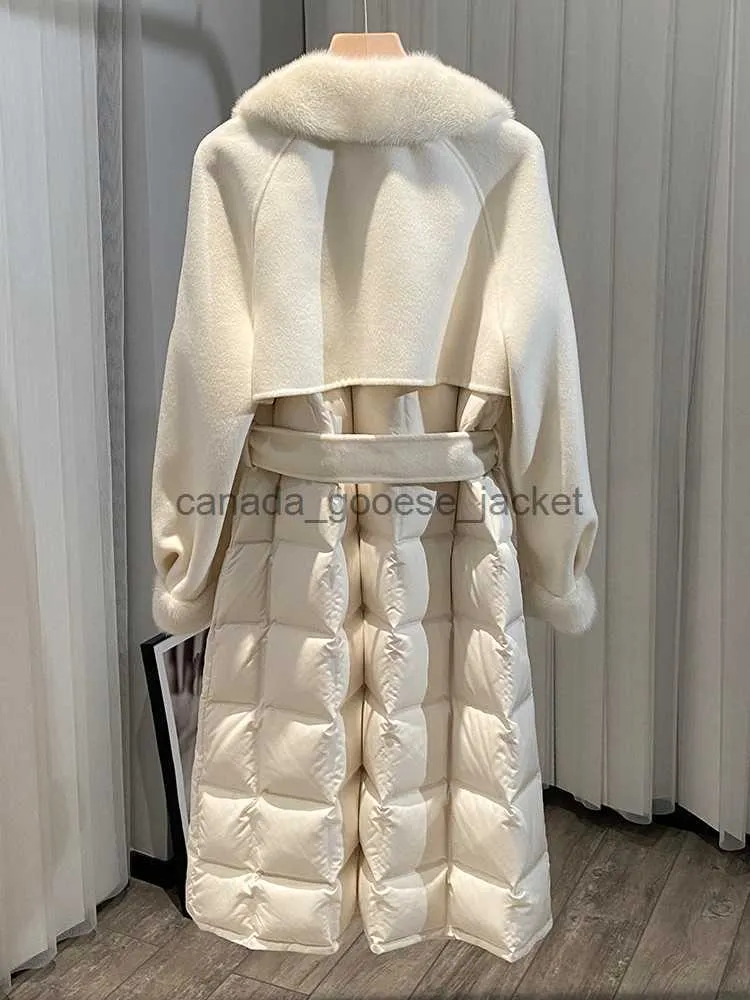 Misto lana da donna 2023 Nuovo piumino bianco Piumino di lusso Cappotto da donna Pelliccia di visone di media lunghezza Cappotto di lana double face Cappotto con cuciture in cashmereL230918