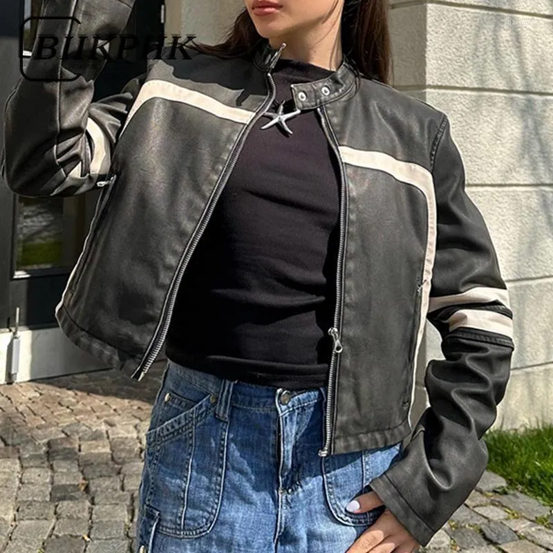 Kvinnorjackor Biikpiik Streetwear Patchwork Zip Up Leather For Women Stripe Black White Stand Collar Pu Coat Autumn Casual Outfits