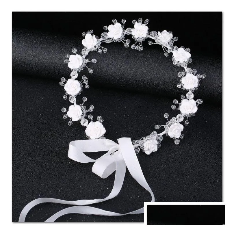 Accessoires de cheveux Mariée Cristal Blanc Fleur Couronne Filles Stéréo Fleurs Ruban Arcs Princesse Couronne Fête Des Enfants Guirlande Accès Dh8Kt