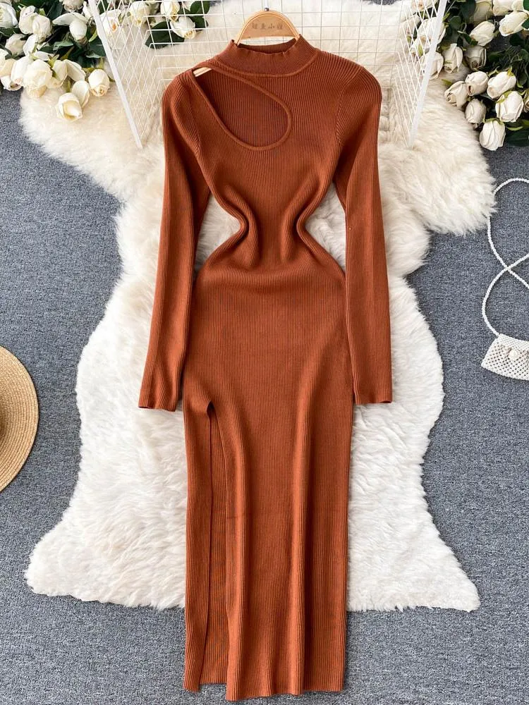 Casual Dresses Women 2023 Cut Out Front Slit Sexig Night Midi Dress Mock Neck Long Sleeve Ribbed Sticked Bodycon