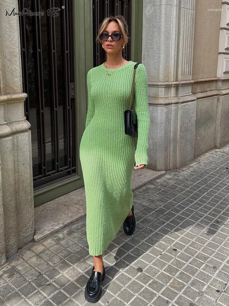 Casual Dresses Elegant Women Green Rib Sticked Long Sleeve Office Lady Bodycon Dress Autumn Winnter 2023 Ankellängd