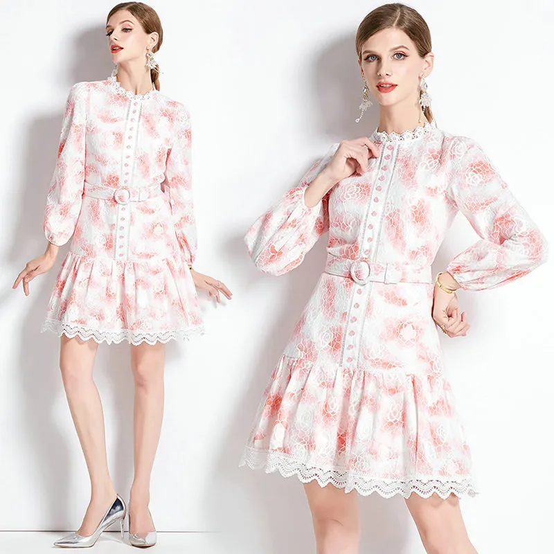 Fille Boutique Robe à manches bouffantes Robe imprimée à manches longues Printemps Automne Robes Florla Haut de gamme Rétro Dame Robes imprimées en dentelle Robes de piste