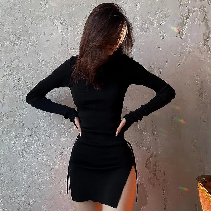 Sıradan elbiseler siyah elbise uzun kollu mini kadın sonbahar kıyafetleri sokak kıyafetleri bodycon vestidos cortos y2k giyim seksi ropa