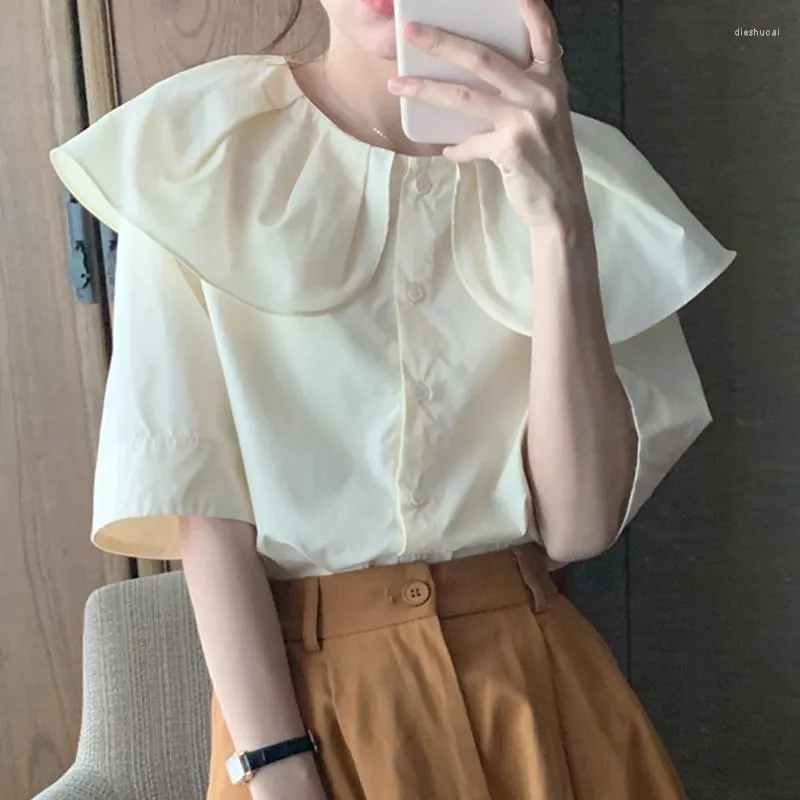 Blouses Femmes WDMSNA Tempérament français Collier de poupée Dames Chemise Simple Boutonnage Casual Blouse à manches courtes Femmes Été Plissé Lâche