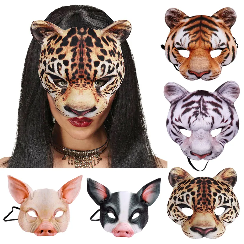 Maski imprezowe 3D Maska Zwierząt Halloween maskarady maski kulowe Tiger Pig Half Face Mask Party Fancy Dress Costume Props 2309918