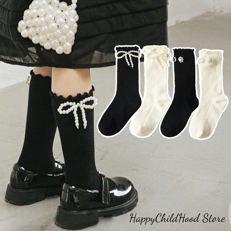 3pairs Kids Socks Calf Sock for Baby Girls Cute Japanese Pearl Children Girls Over Calf Sock Spring Autumn Ruffle Princess Lolita Sock 230918