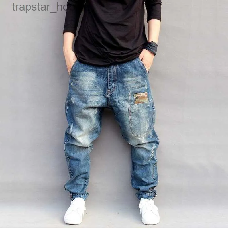 Men's Jeans Men's Jeans Camouflage Patchwork Harem Men Casual Loose Baggy Denim Pants Hip Hop Joggers Blue Trousers Man Clothes Plus Size L230918