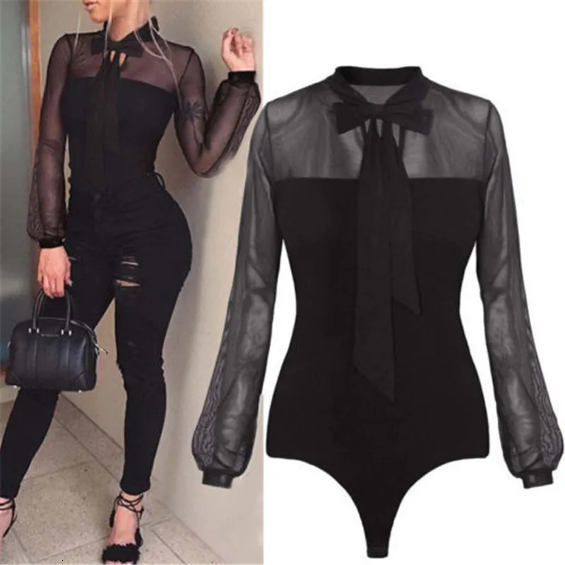 Kvinnors jumpsuits rompers Summer Bodysuit Women Sexig Bow Black Mock Neck Patchwork Långärmning Back Ladies Lace Mesh Bodysuit Transparent Tops 230918