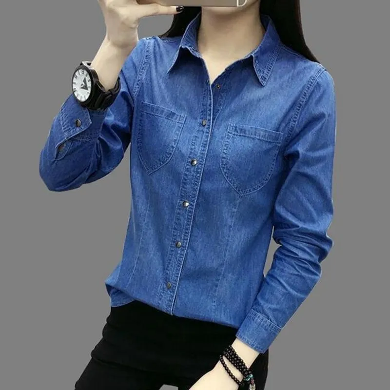 Women's Blouses Shirts Denim Shirt Women Jean Spring Fashion Chemise Female Pockets Long Sleeve Slim Fit Ladies Blouses Women's Clothing 230918