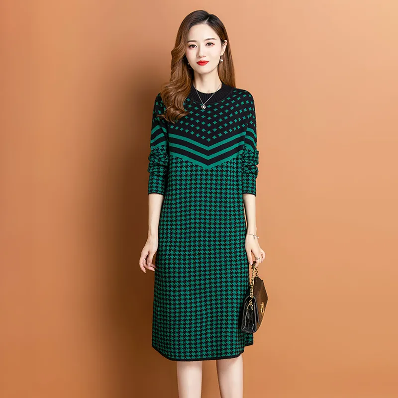 Plaid Striped Knitted jumper Dresses Autumn Winter Designer O-Neck Slim Fit Stylish Vacation Sweaters Dress 2023 Long Sleeve Fine Elegant Soft Warm Party Midi Frocks