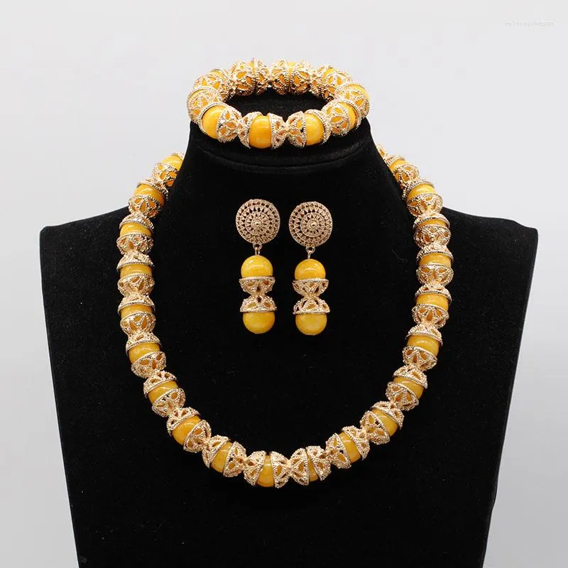 Necklace Earrings Set Fantastic Yellow Stone Beaded Gold Costume Jewelry Nigerian Wedding African Beads Bridal WE253