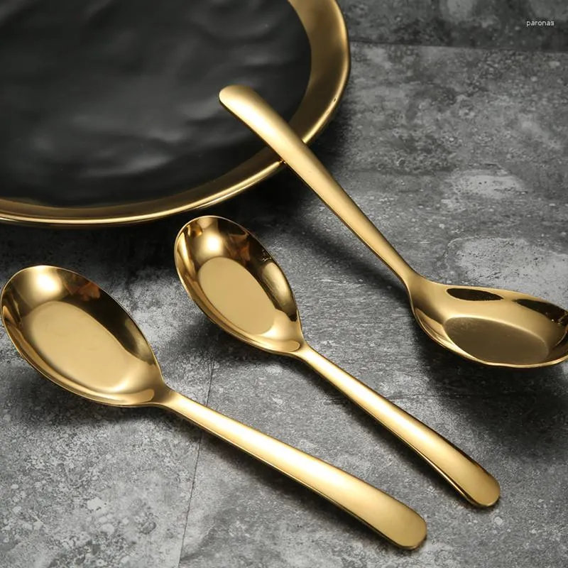 Ложки Золотая ложка для супа из нержавеющей стали с титановым покрытием, круглая сервировочная посуда для ужина, набор столовых приборов, кухонные инструменты