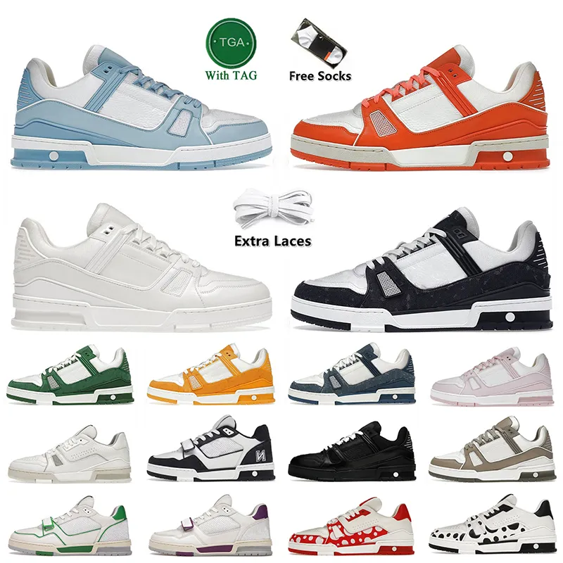 Luxo Bezerro Couro Designer Sapatos Casuais Virgil Flores em Relevo Monogramas Denim Azul Rosa Abloh Branco Preto Mulheres Mens Run Designers Treinadores OG Away Sneakers