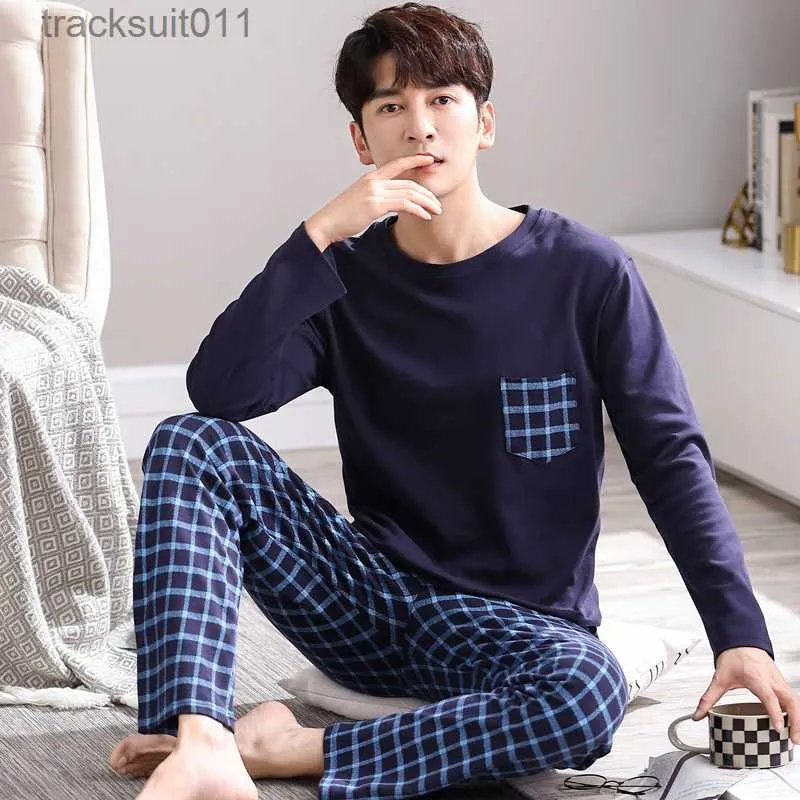 Women's Sleepwear L-4XL Plus Size Man Autumn Pajamas Men Cotton Mature Pyjamas Long Sleeve Sleepwear Casual Male Suit Baju Tidur Lelaki Set L230918