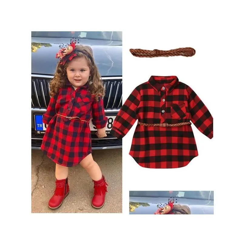 Girls Dresses Baby Girl Red Buffalo Check Dress Newborn Toddler Princess Plaid Shirt With Belt Outfits Kids Drop Delivery Maternity Cl Dhxzp