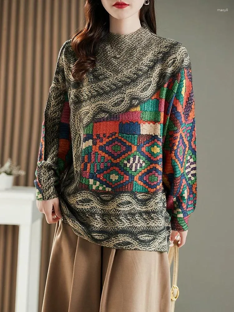 سترات نسائية بوبوكيتر sueters de mujer moda vintage jacquard lebeater sweater pullover women mock pullovers switter damski