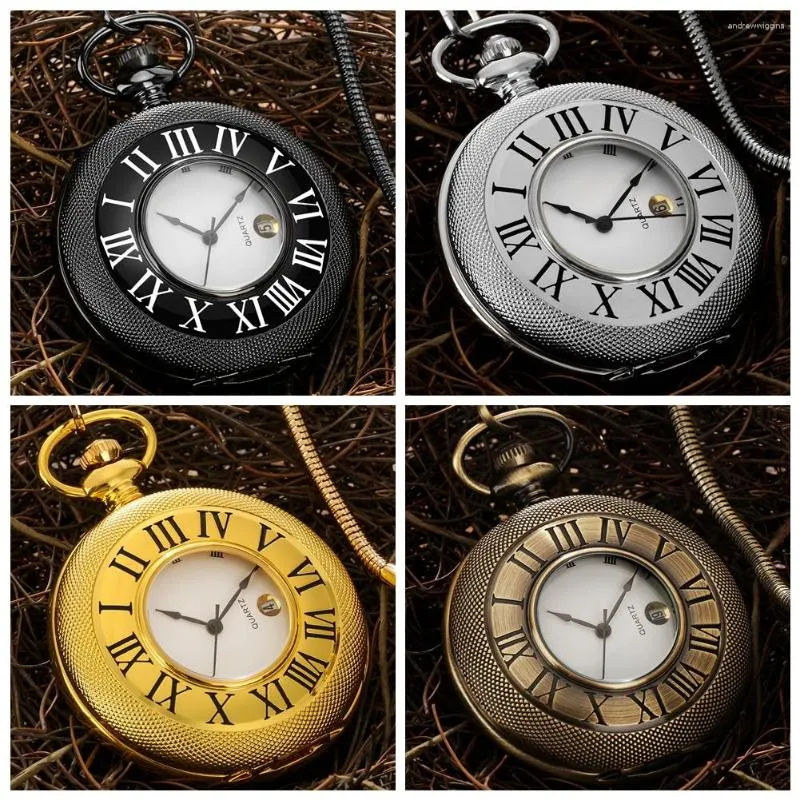 Montres de poche montre avec calendrier minimaliste chiffre romain Quartz noir/or/argent/Bronze pendentif horloge cadeaux d'anniversaire